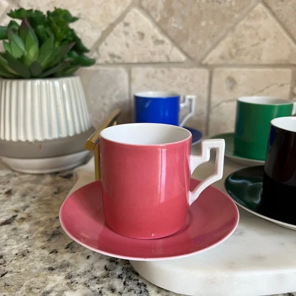 Very Rare Set of 1930's Signed Rudolf Kämpf. Colorful Espresso Fine China Cups - Picture 3 of 12